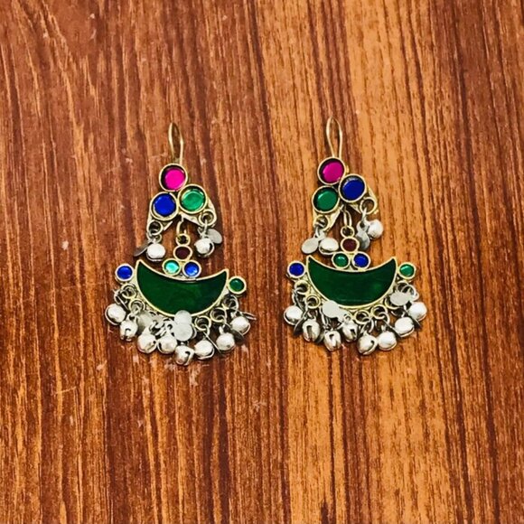 Multicolor Glass Stones Silver Earrings, AfghanTraditional Earrings,Light Weight - Picture 9 of 13